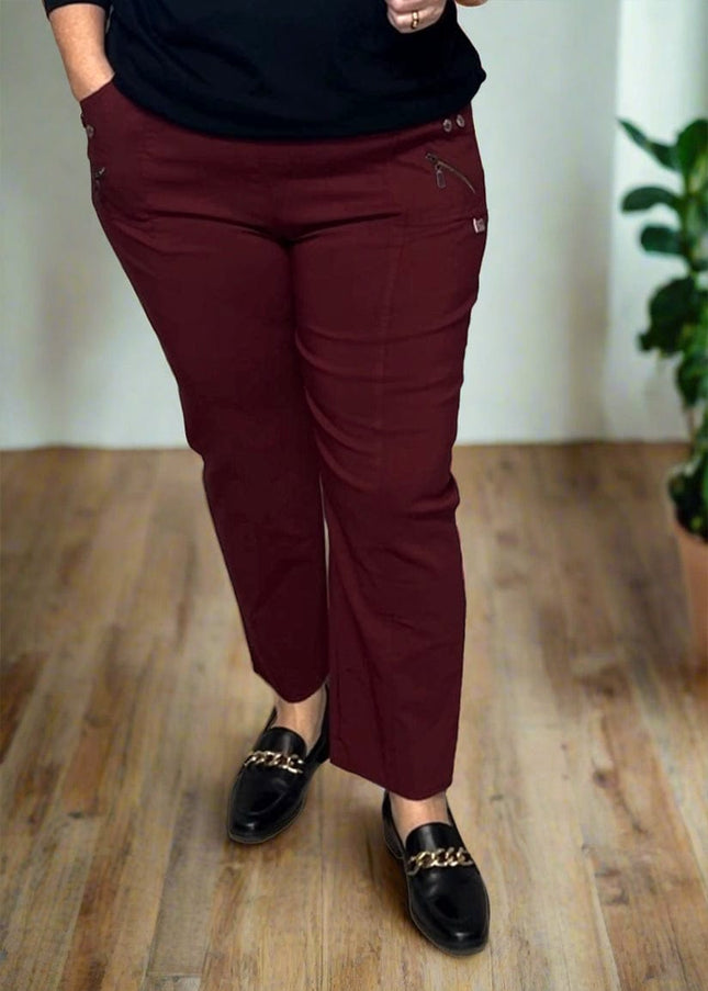 plus size Cherry Berry bukse (100561), 2 knapper og glidelås pynt, mye stretch, mye stretch, Burgunder i store storrelser