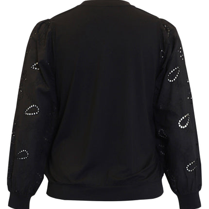 plus size Ciso bluse med blondeermer Sort i store storrelser