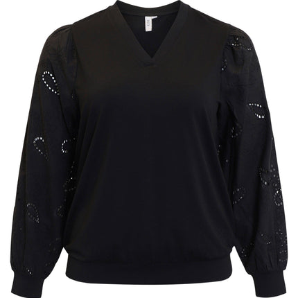 plus size Ciso bluse med blondeermer Sort i store storrelser