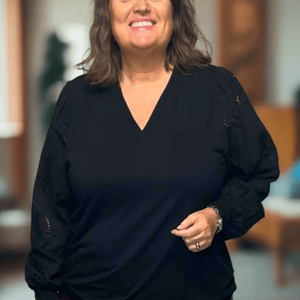 plus size Ciso bluse med blondeermer Sort i store storrelser