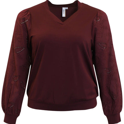 plus size Ciso bluse med blondeermer Vinrød i store storrelser