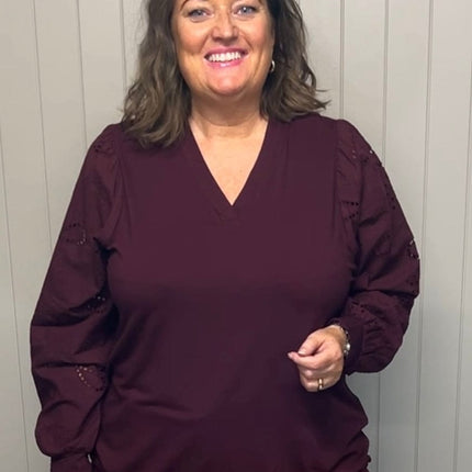 plus size Ciso bluse med blondeermer Vinrød i store storrelser