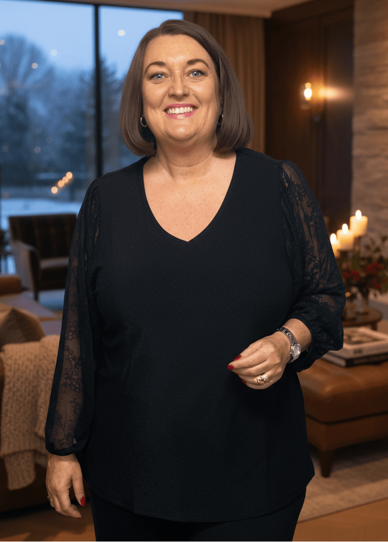 plus size Ciso glittertopp med blonde ermer Sort i store storrelser