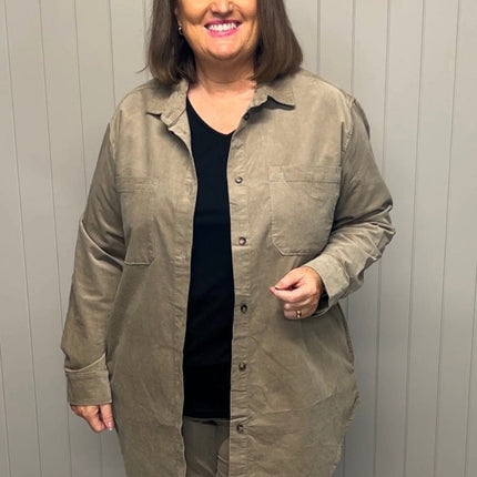 plus size Ciso lang skjortejakke kord Beige i store storrelser