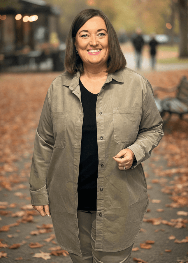 plus size Ciso lang skjortejakke kord Beige i store storrelser