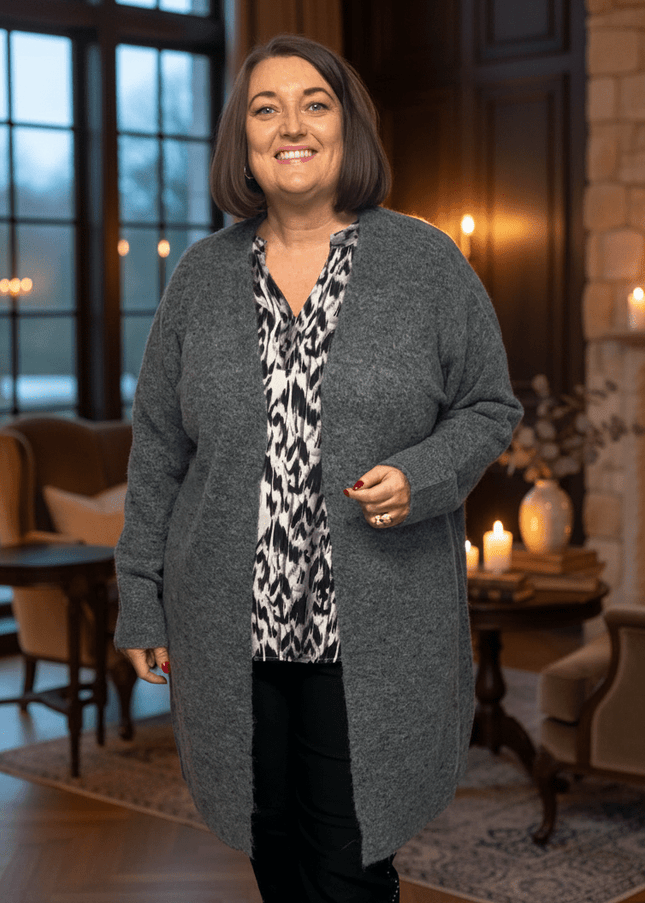 plus size Ciso lang strikket jakke Grå i store storrelser