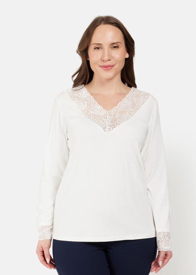 plus size Ciso topp med blondekant off white i store storrelser