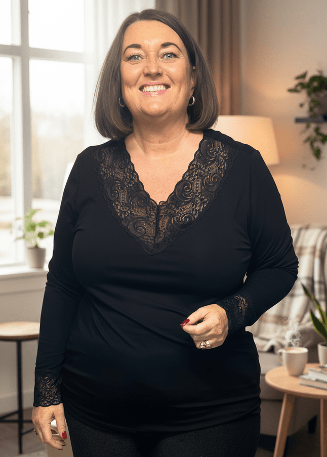 plus size Ciso topp med blondekant Sort i store storrelser