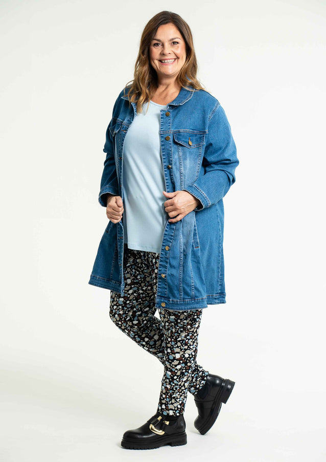 plus size Gozzip Amela lang denim jakke blå i store storrelser