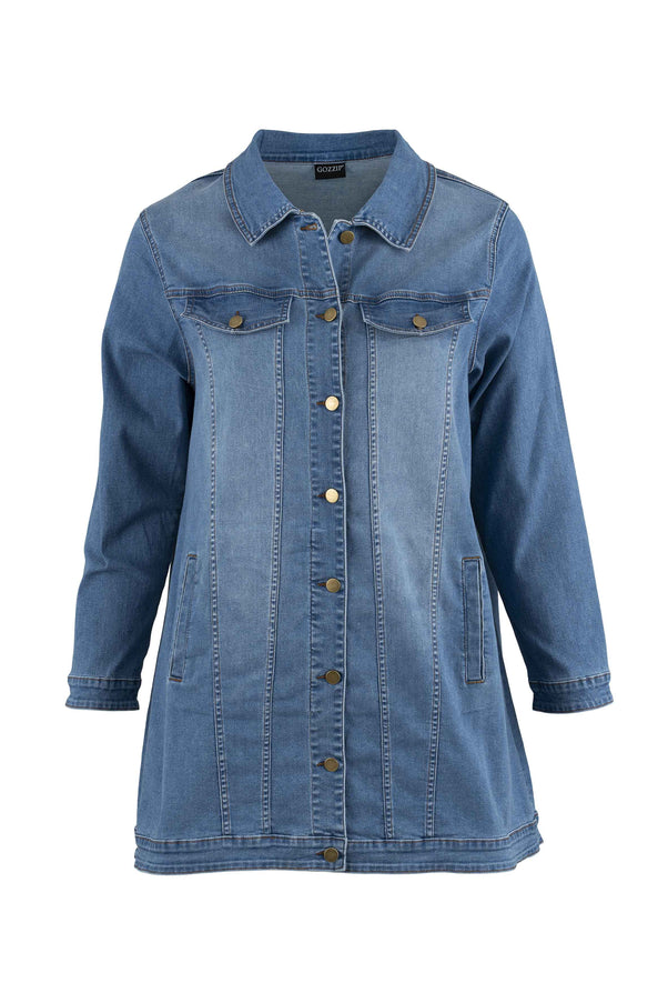 plus size Gozzip Amela lang denim jakke blå i store storrelser