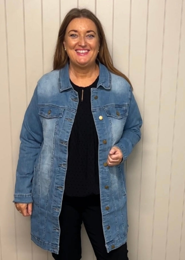 plus size Gozzip Amela lang denim jakke blå i store storrelser