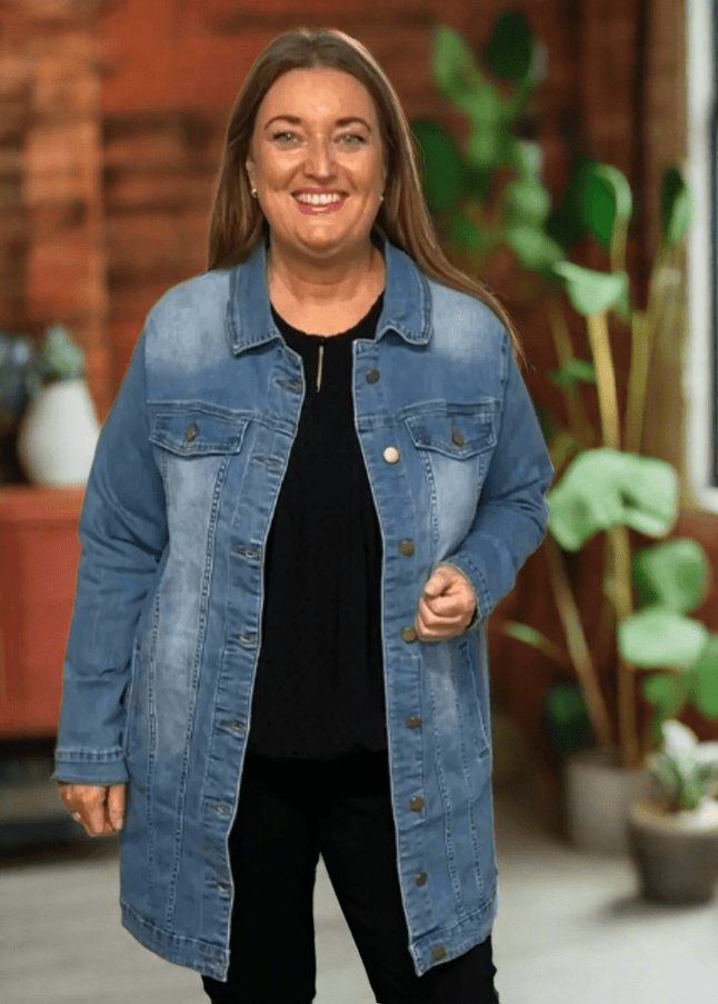 plus size Gozzip Amela lang denim jakke blå i store storrelser