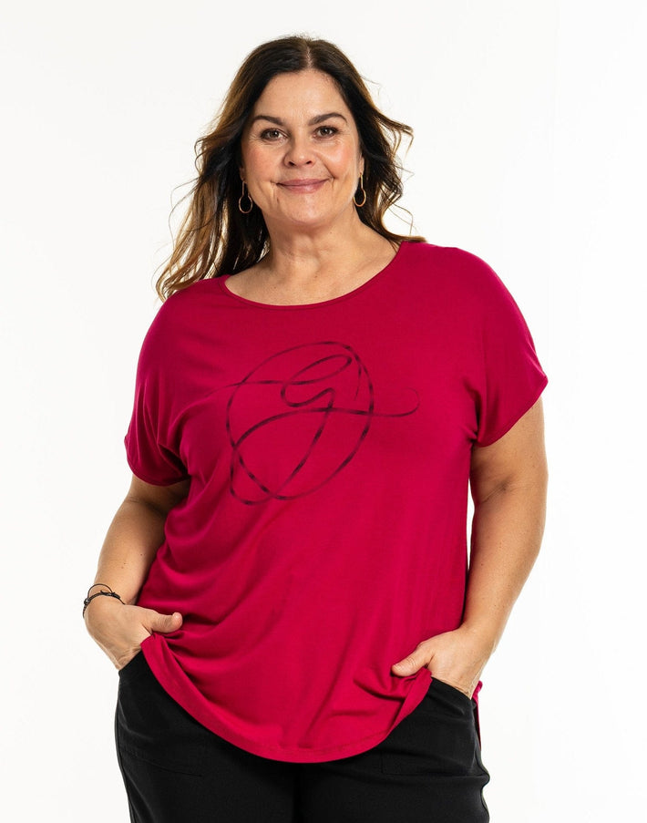 plus size Gozzip Gitte T-shirt  Cherry med print i store storrelser