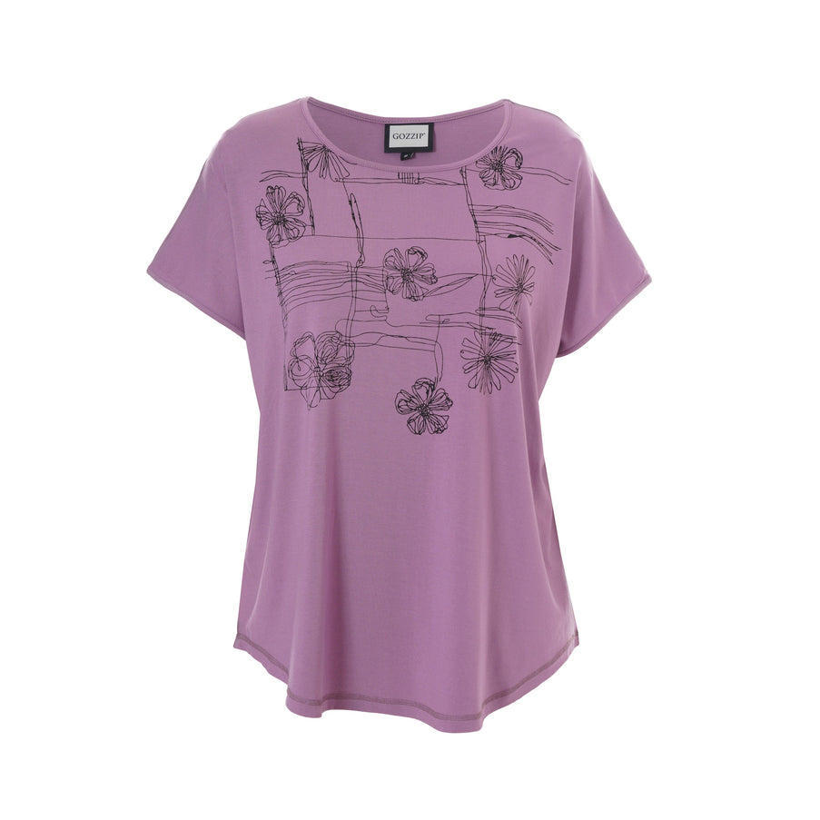 plus size Gozzip Gitte T-shirt lilla med blomster i store storrelser