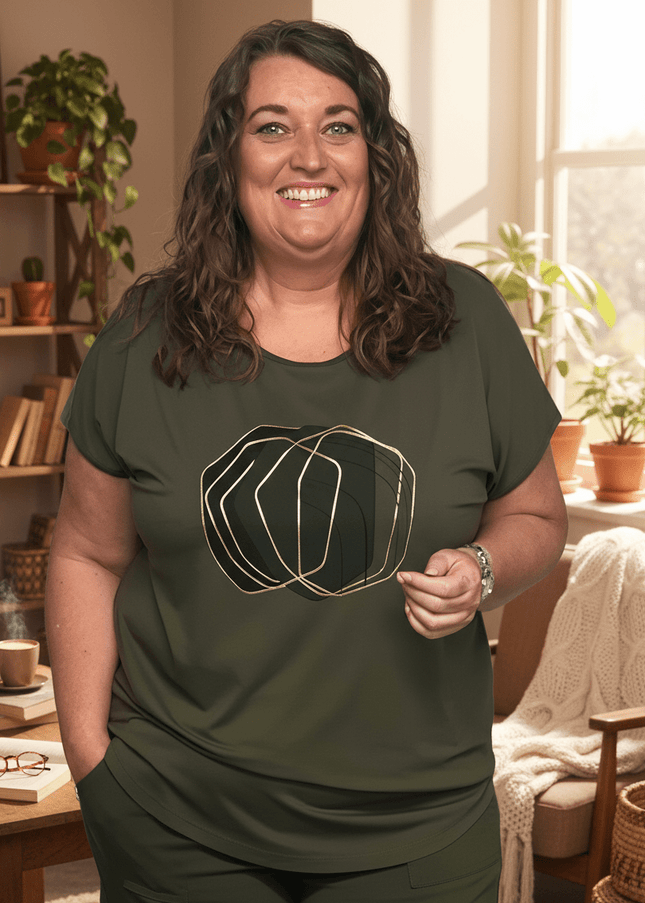 plus size Gozzip Gitte t-shirt Oliven med print i store storrelser