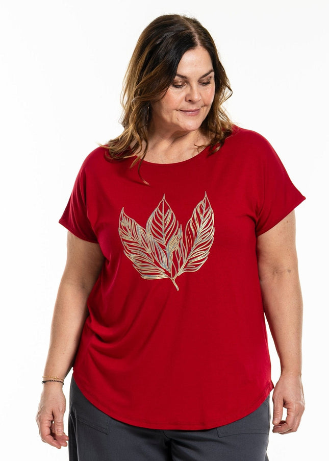 plus size Gozzip Gitte T-shirt rød med gullblad i store storrelser