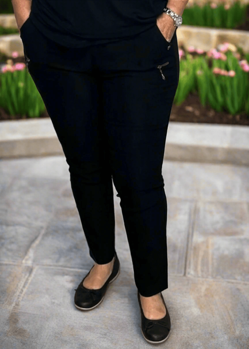 plus size JST bukse (8880) med knapp og glidelås på lomme Sort i store storrelser