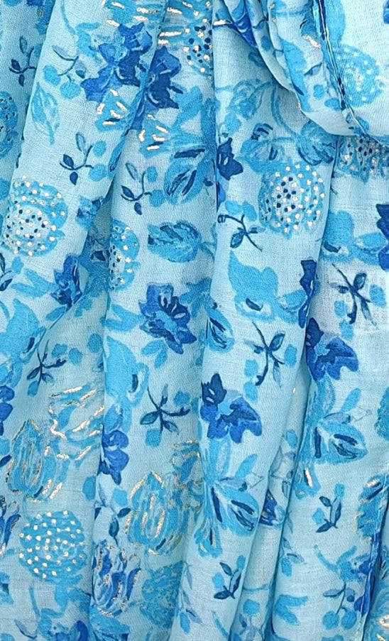 plus size M&P Tilbehør: Blomsterprint Skjerf med Forgylling i Blue i store storrelser FC77-Blue