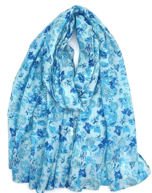 plus size M&P Tilbehør: Blomsterprint Skjerf med Forgylling i Blue i store storrelser FC77-Blue