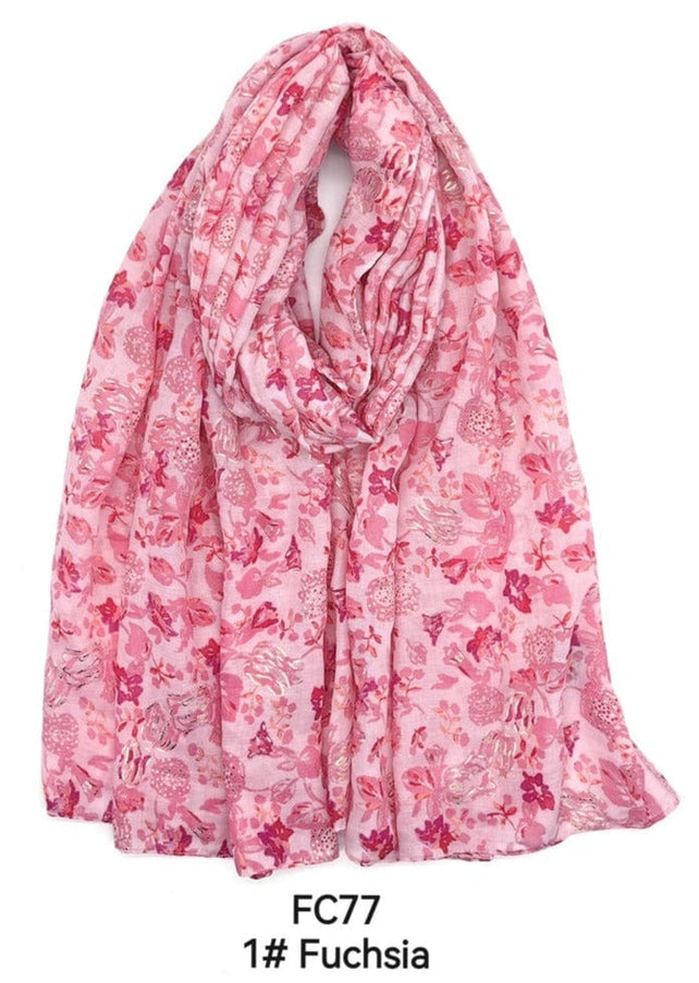 plus size M&P Tilbehør: Blomsterprint Skjerf med Forgylling i Fuchsia i store storrelser FC77-Fuchsia