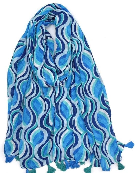 plus size M&P Tilbehør: Bølgemønstret Skjerf med Pomponger i Blått i store storrelser C138-Blue