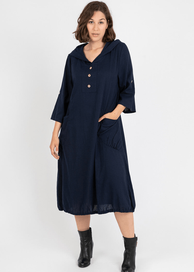 plus size Pomme Lin/bomullskjole med hette Marine i store storrelser