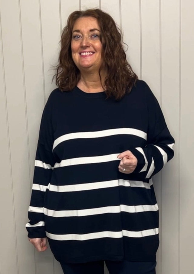 plus size Sandgaard Helsinki genser navy stripe i store storrelser