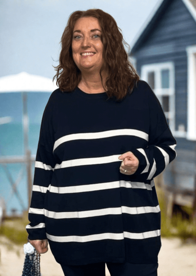 plus size Sandgaard Helsinki genser navy stripe i store storrelser