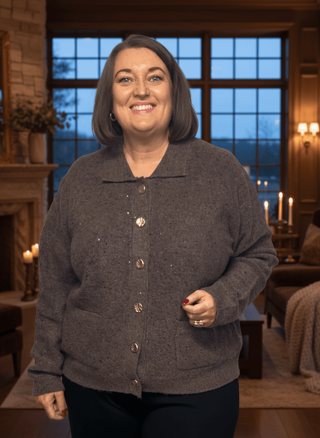 plus size Signature Cardigan med gullknapper og paljetter Brun i store storrelser