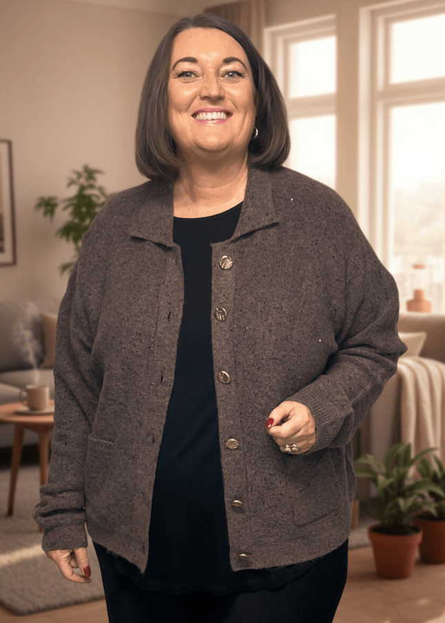 plus size Signature Cardigan med gullknapper og paljetter Brun i store storrelser