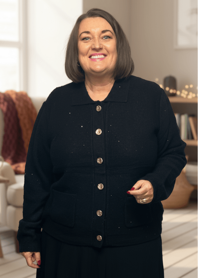 plus size Signature Cardigan med gullknapper og paljetter Sort i store storrelser