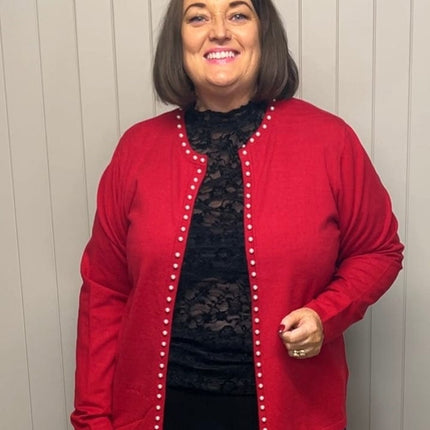 plus size Signature cardigan med perler Rød i store storrelser