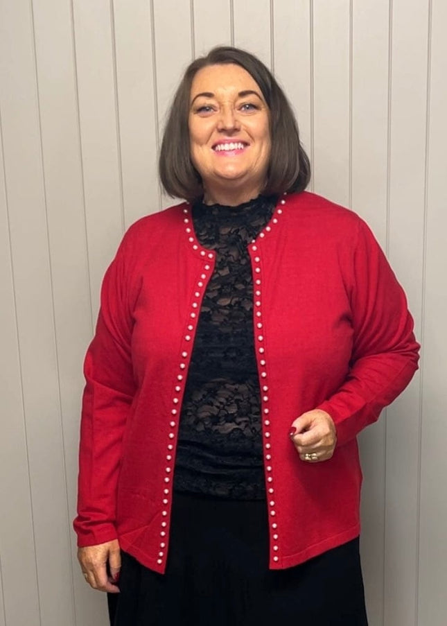 plus size Signature cardigan med perler Rød i store storrelser