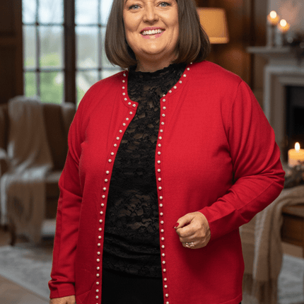 plus size Signature cardigan med perler Rød i store storrelser