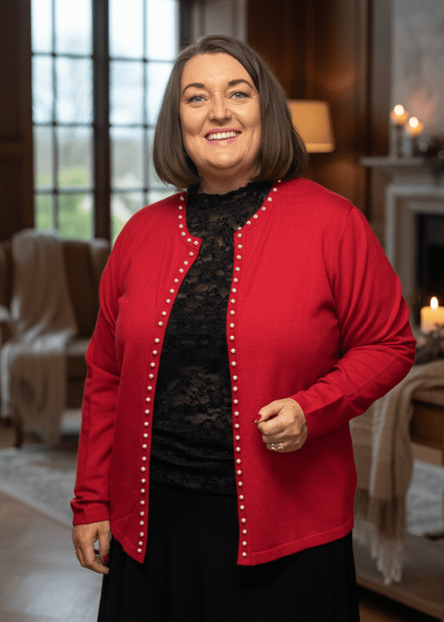 plus size Signature cardigan med perler Rød i store storrelser