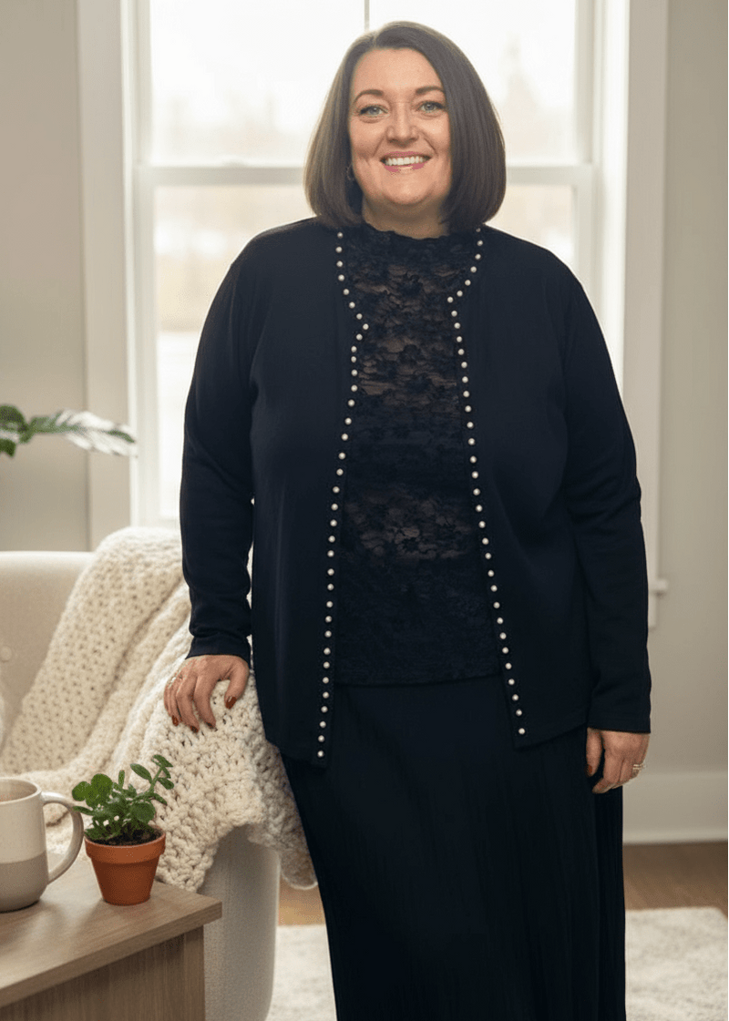 plus size Signature cardigan med perler Sort i store storrelser