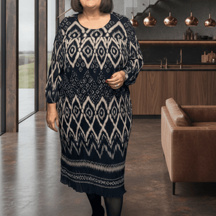 plus size Signature kjole mønstret sort og beige i store storrelser