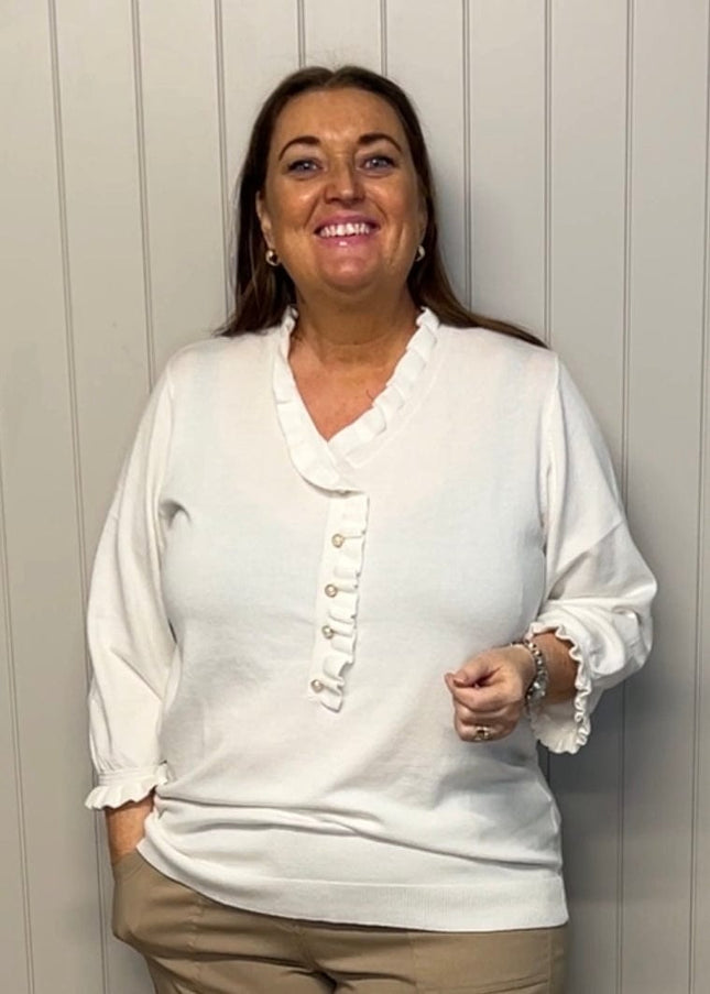 plus size Studio Jean genser med volanger off-white i store storrelser