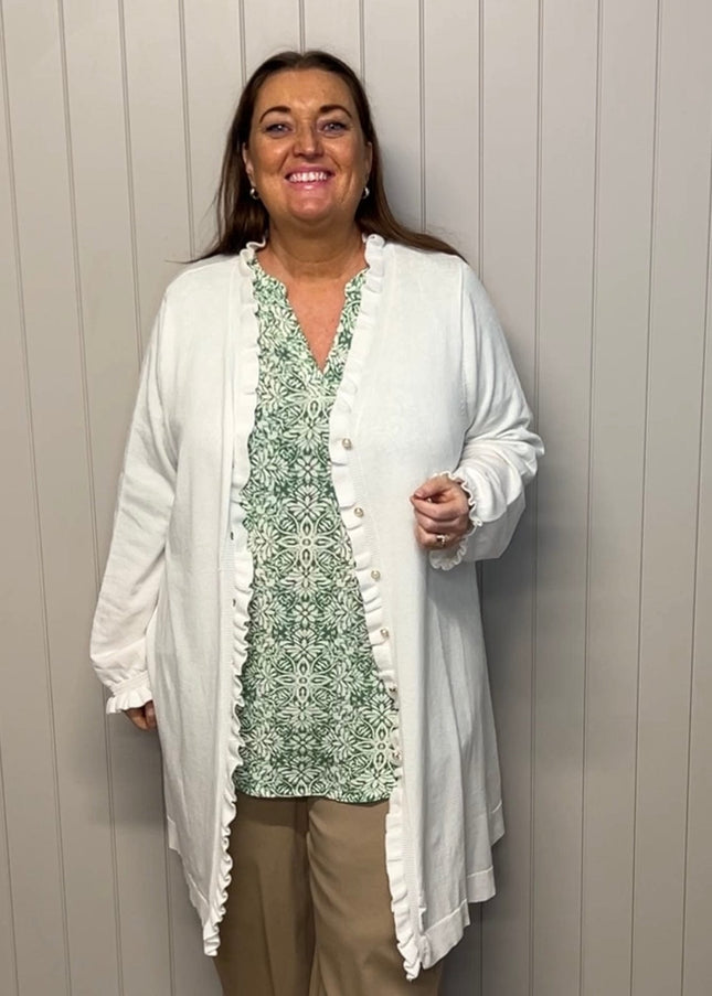 plus size Studio Jytta lang cardigan med volanger off-white i store storrelser