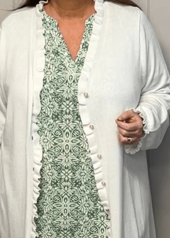 plus size Studio Jytta lang cardigan med volanger off-white i store storrelser