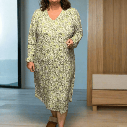 plus size Trofe nattkjole med lange ermer bambus grønnprint i store storrelser