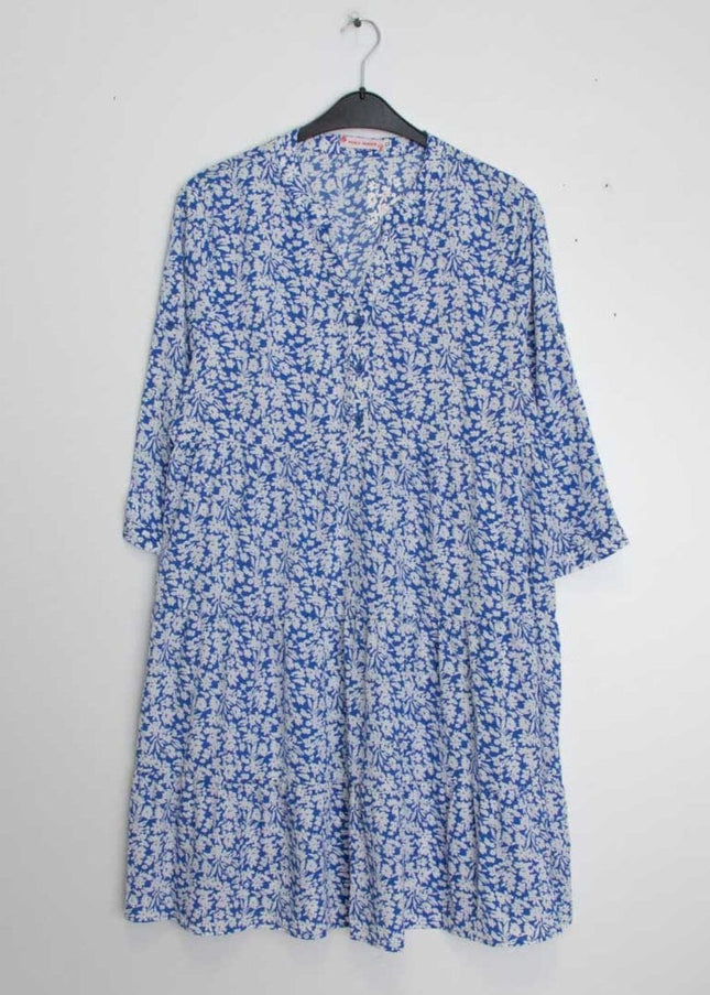 plus size WF Kjole knelang med v-hals, Small Flower Print, Blå i store storrelser