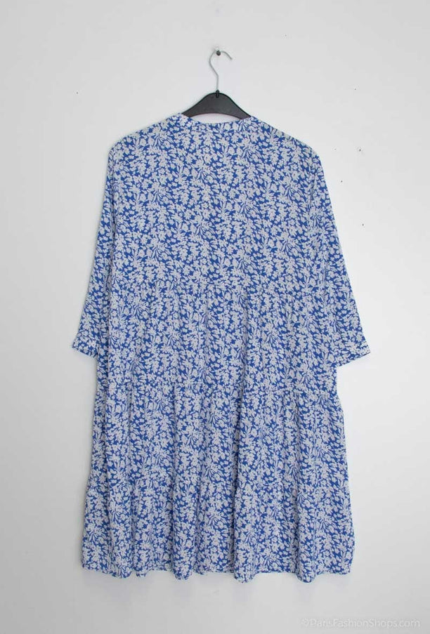 plus size WF Kjole knelang med v-hals, Small Flower Print, Blå i store storrelser