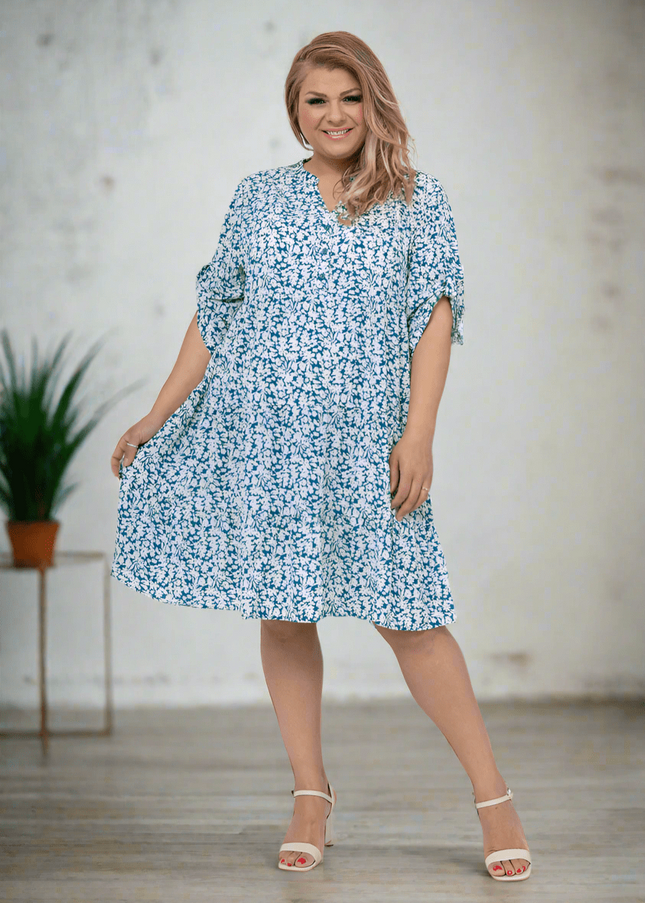 plus size WF Kjole knelang med v-hals, Small Flower Print, Blå i store storrelser