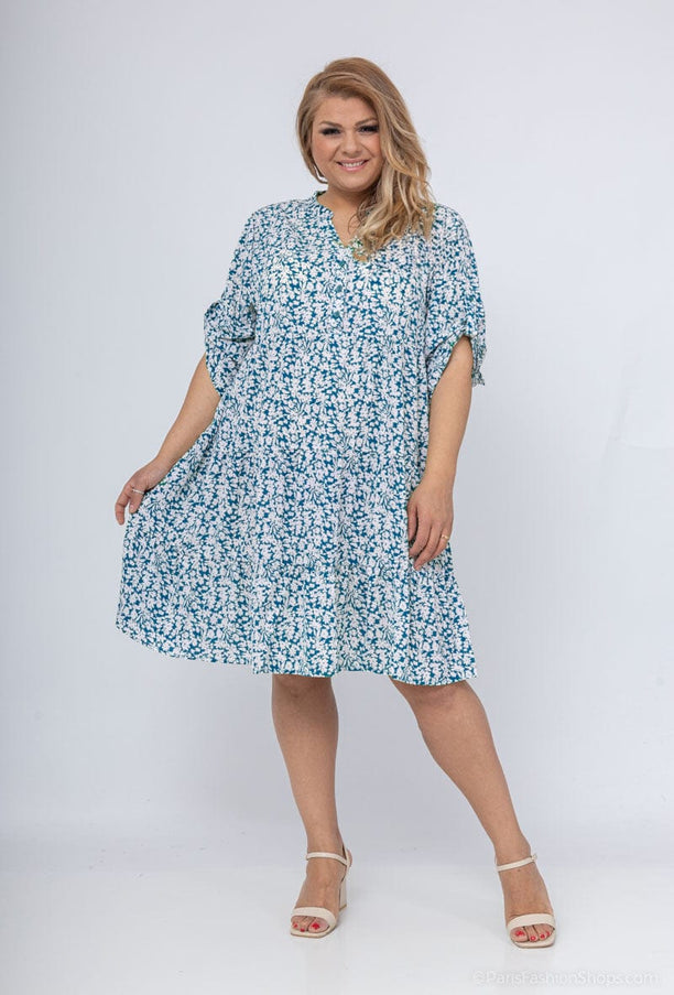 plus size WF Kjole knelang med v-hals, Small Flower Print, Blå i store storrelser