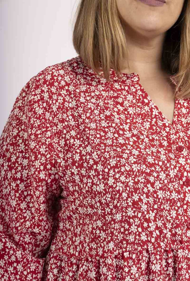 plus size WF lang blomstermønstret kjole med lange ermer Rød i store storrelser