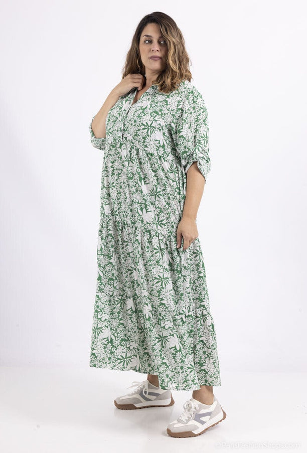 plus size WF lang kjole med tropisk trykk og lange ermer Grønn i store storrelser