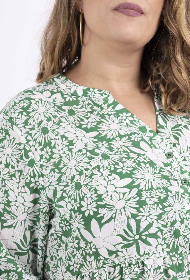 plus size WF lang kjole med tropisk trykk og lange ermer Grønn i store storrelser