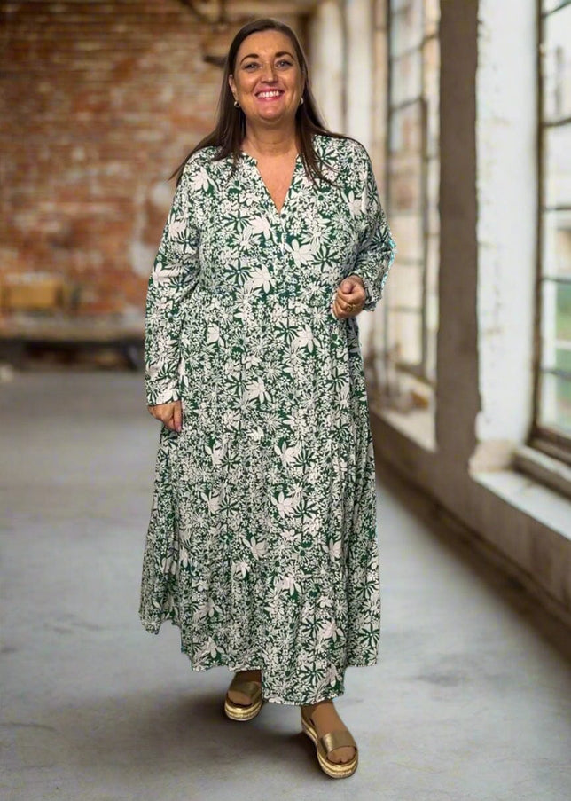 plus size WF lang kjole med tropisk trykk og lange ermer Grønn i store storrelser