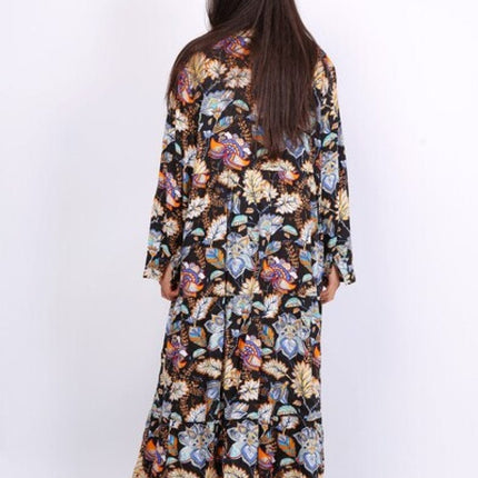 plus size WF lang kjole med v-hals, lange ermer, 100% viskose, mønstret, Sort i store storrelser